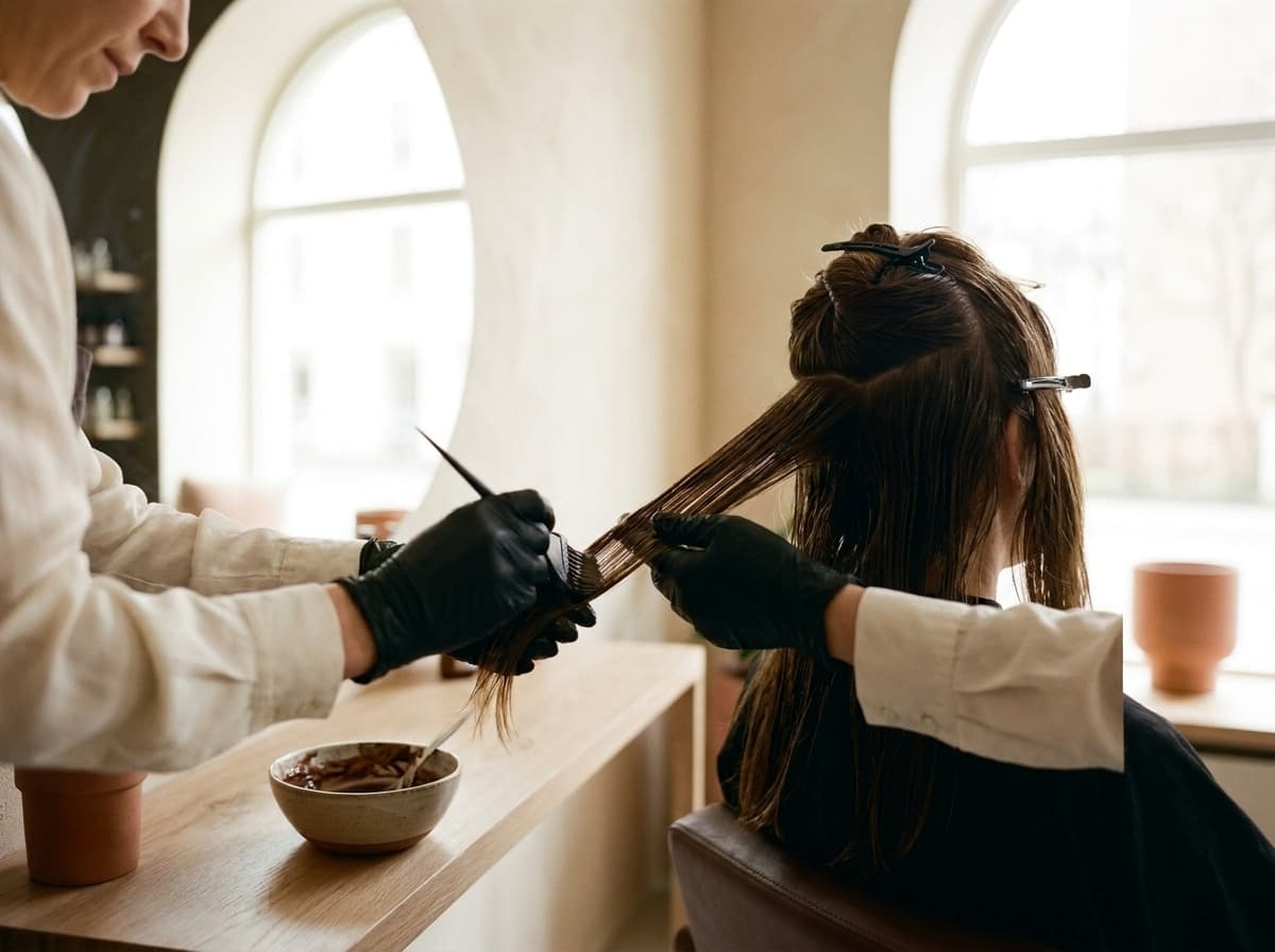 Individuell angemischte Coloration wird ins Haar eingearbeitet
